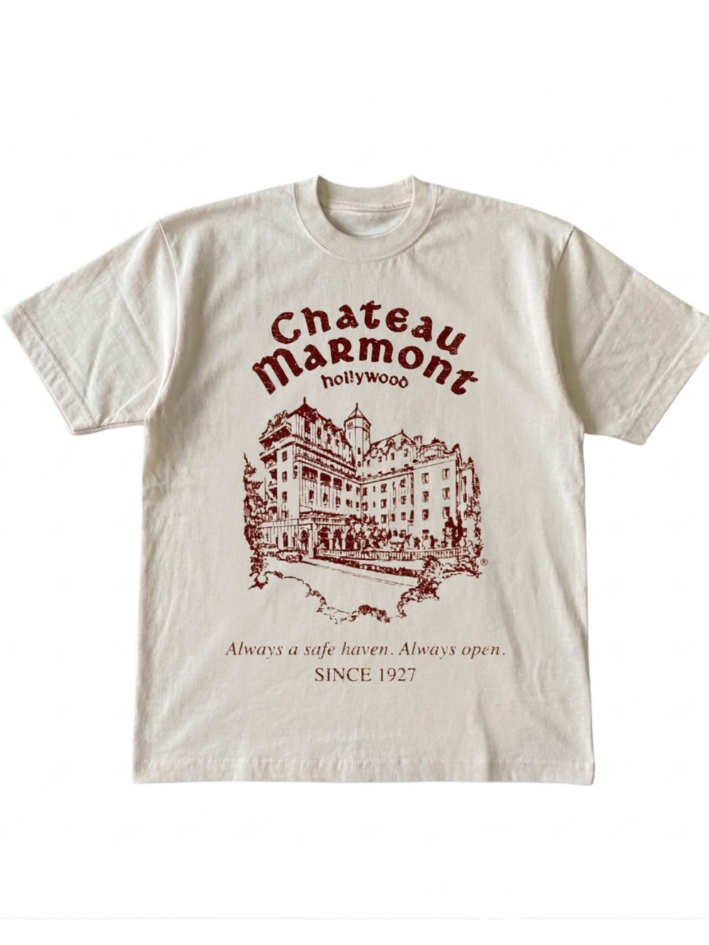 Gildan Cream Tee with Maroon Chateau Marmont Graphic